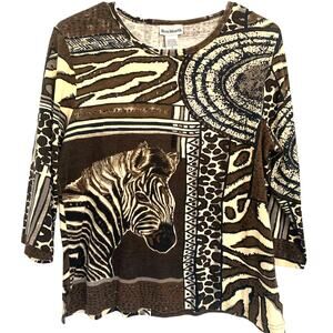 Bon Worth Animal Print Top Small Brown Zebra Safari Beaded Artsy Boho Stretch